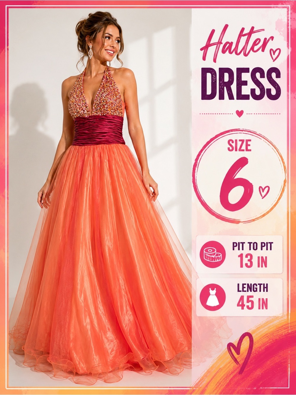 Division by Jovani Elegant Orange Halter size 6 pit to pit 13in length 45in